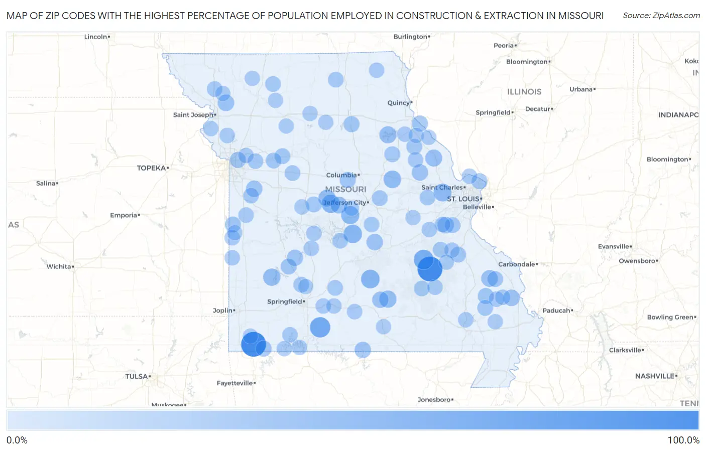 Zip Codes with the Highest Percentage of Population Employed in Construction & Extraction in Missouri Map