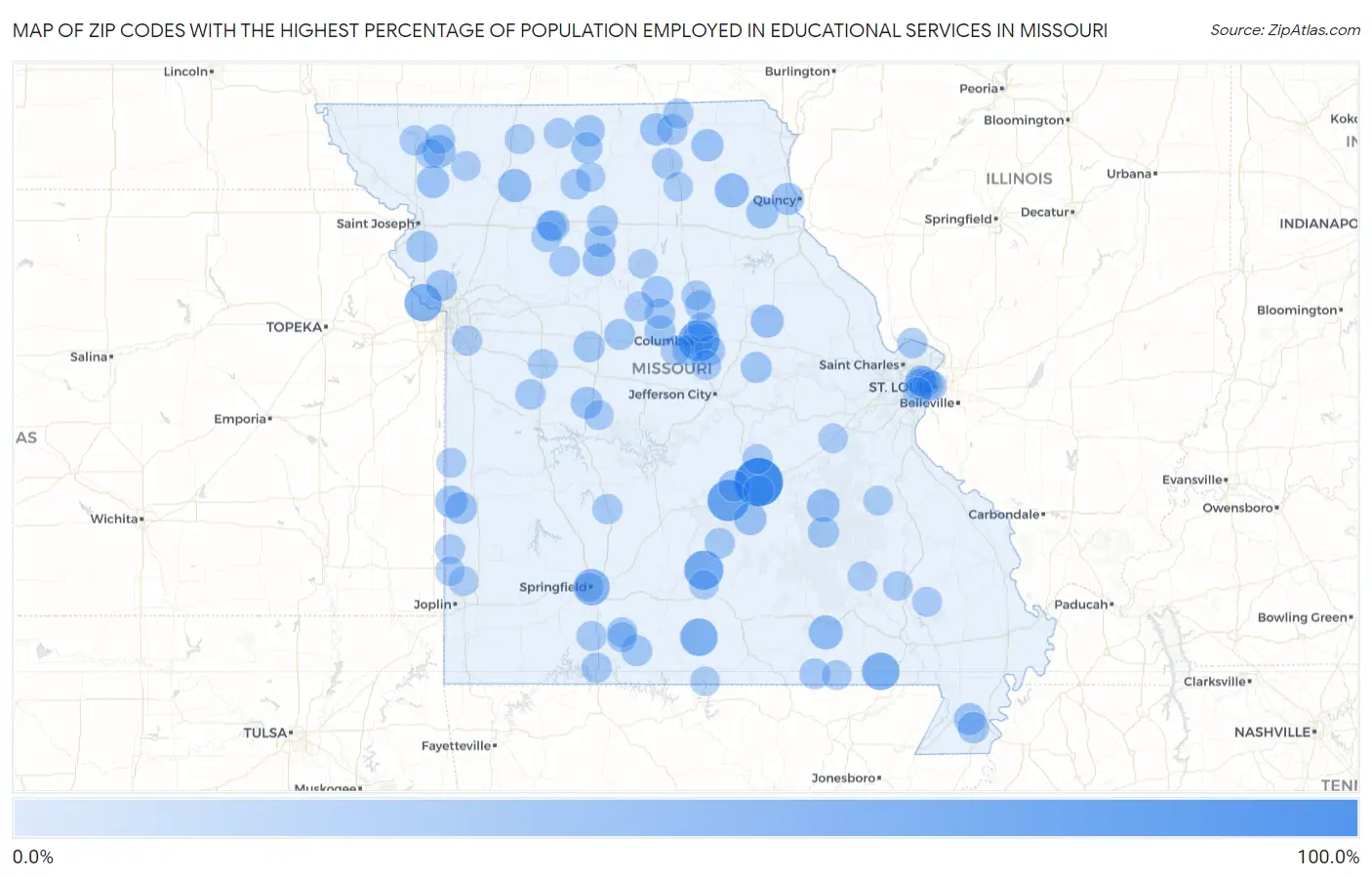 Zip Codes with the Highest Percentage of Population Employed in Educational Services in Missouri Map