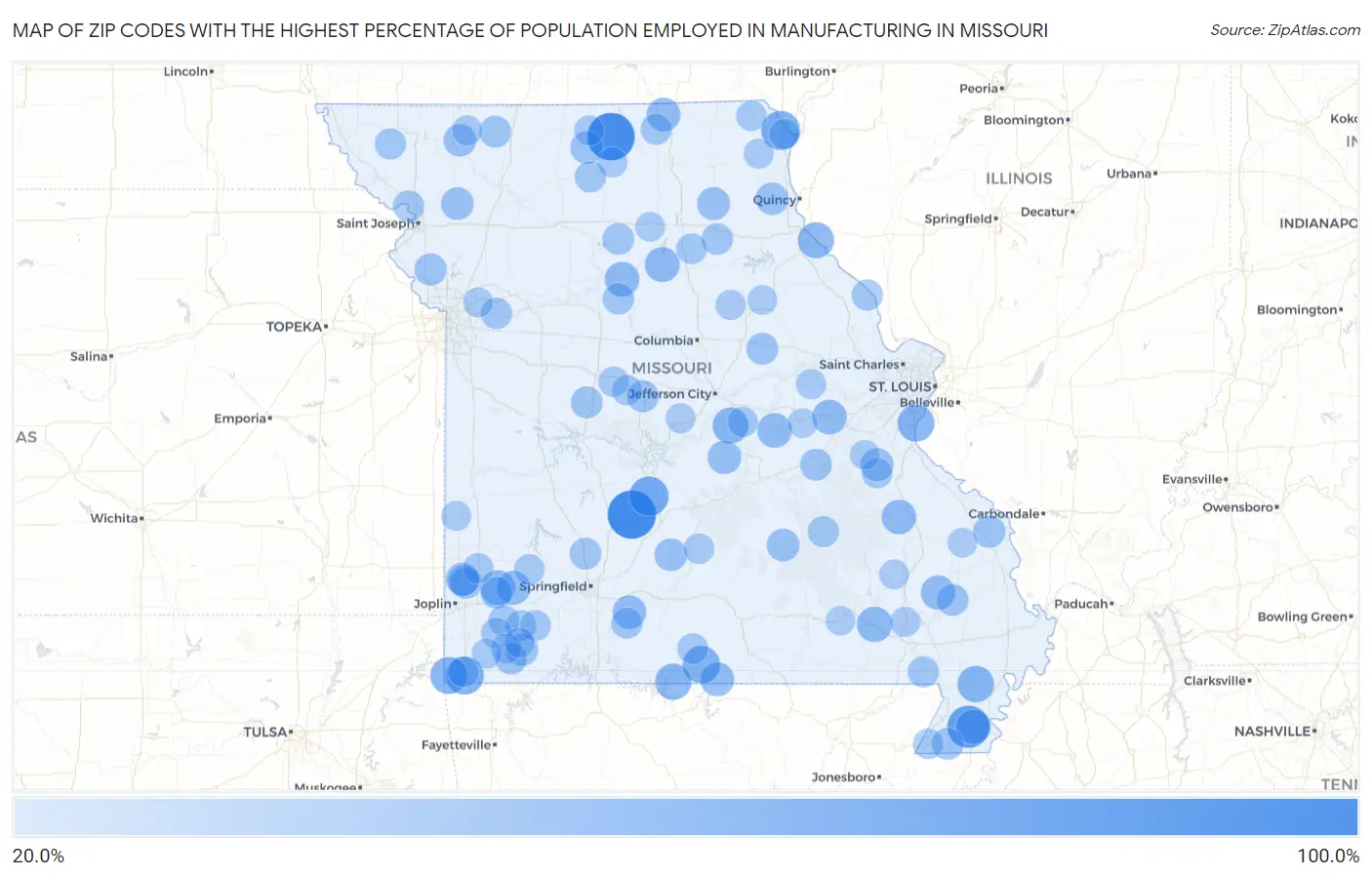 Zip Codes with the Highest Percentage of Population Employed in Manufacturing in Missouri Map