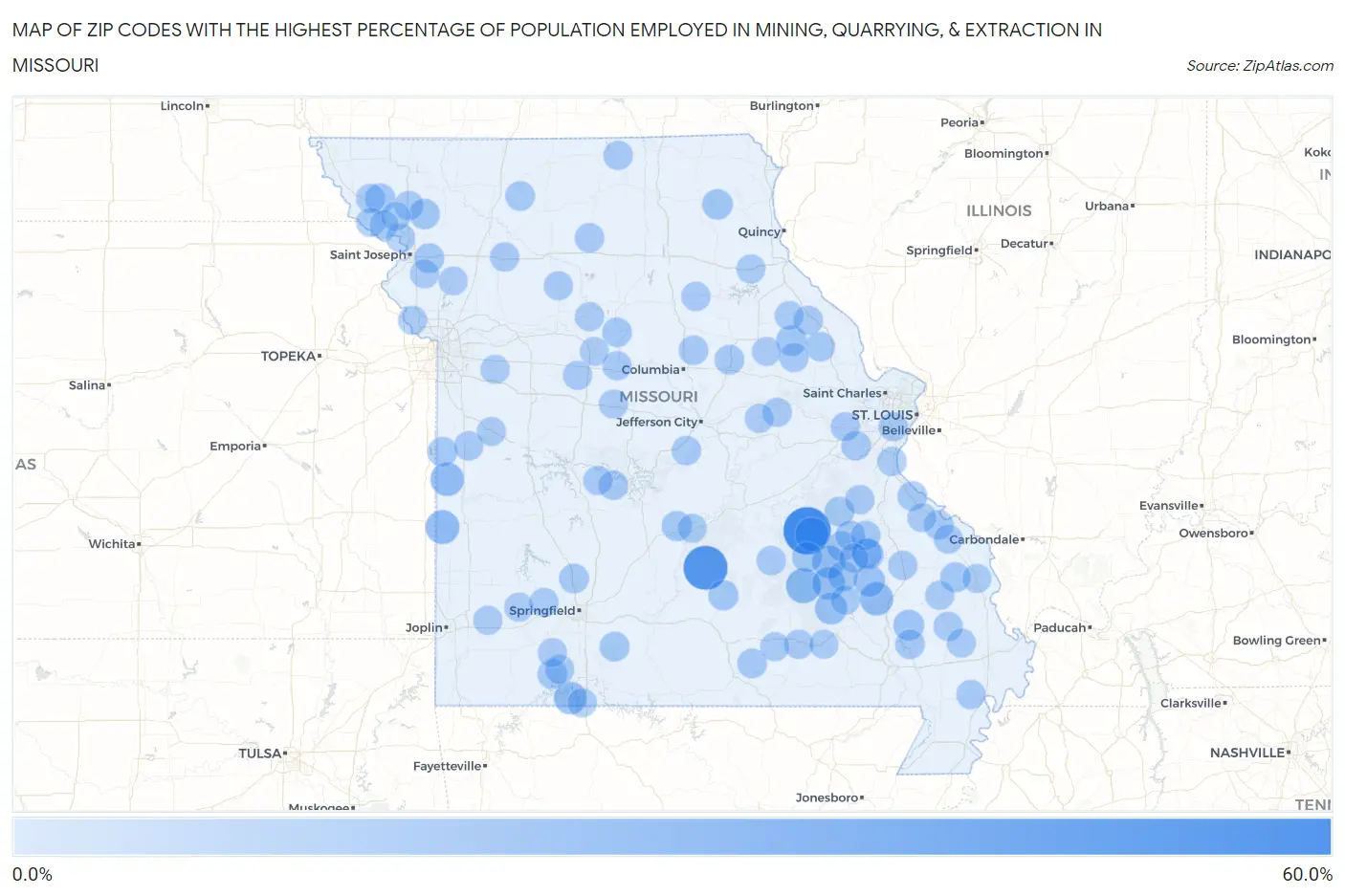 Zip Codes with the Highest Percentage of Population Employed in Mining, Quarrying, & Extraction in Missouri Map