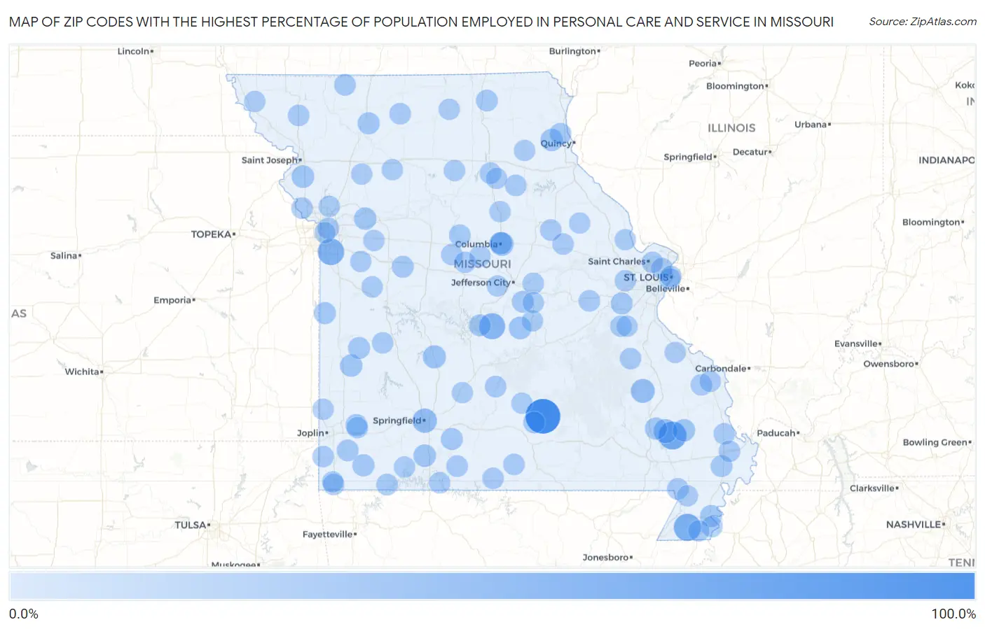 Zip Codes with the Highest Percentage of Population Employed in Personal Care and Service in Missouri Map