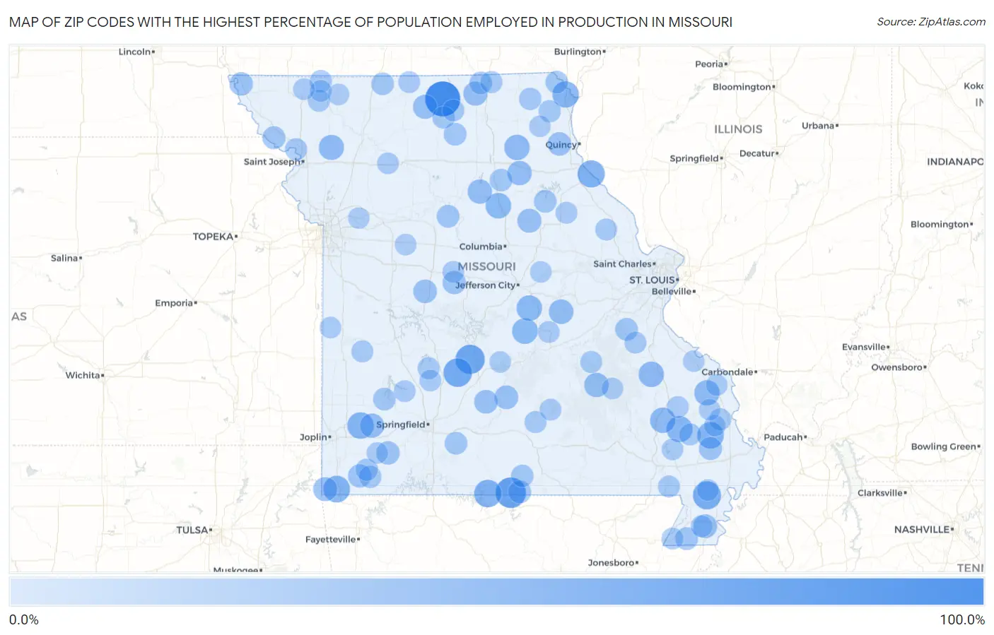 Zip Codes with the Highest Percentage of Population Employed in Production in Missouri Map