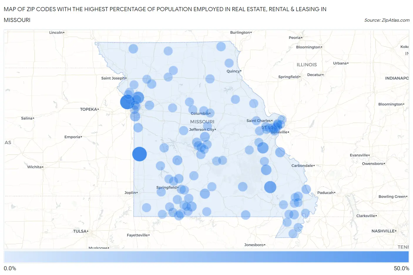 Zip Codes with the Highest Percentage of Population Employed in Real Estate, Rental & Leasing in Missouri Map