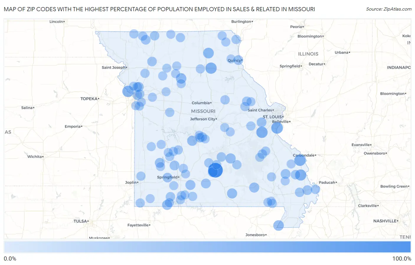 Zip Codes with the Highest Percentage of Population Employed in Sales & Related in Missouri Map