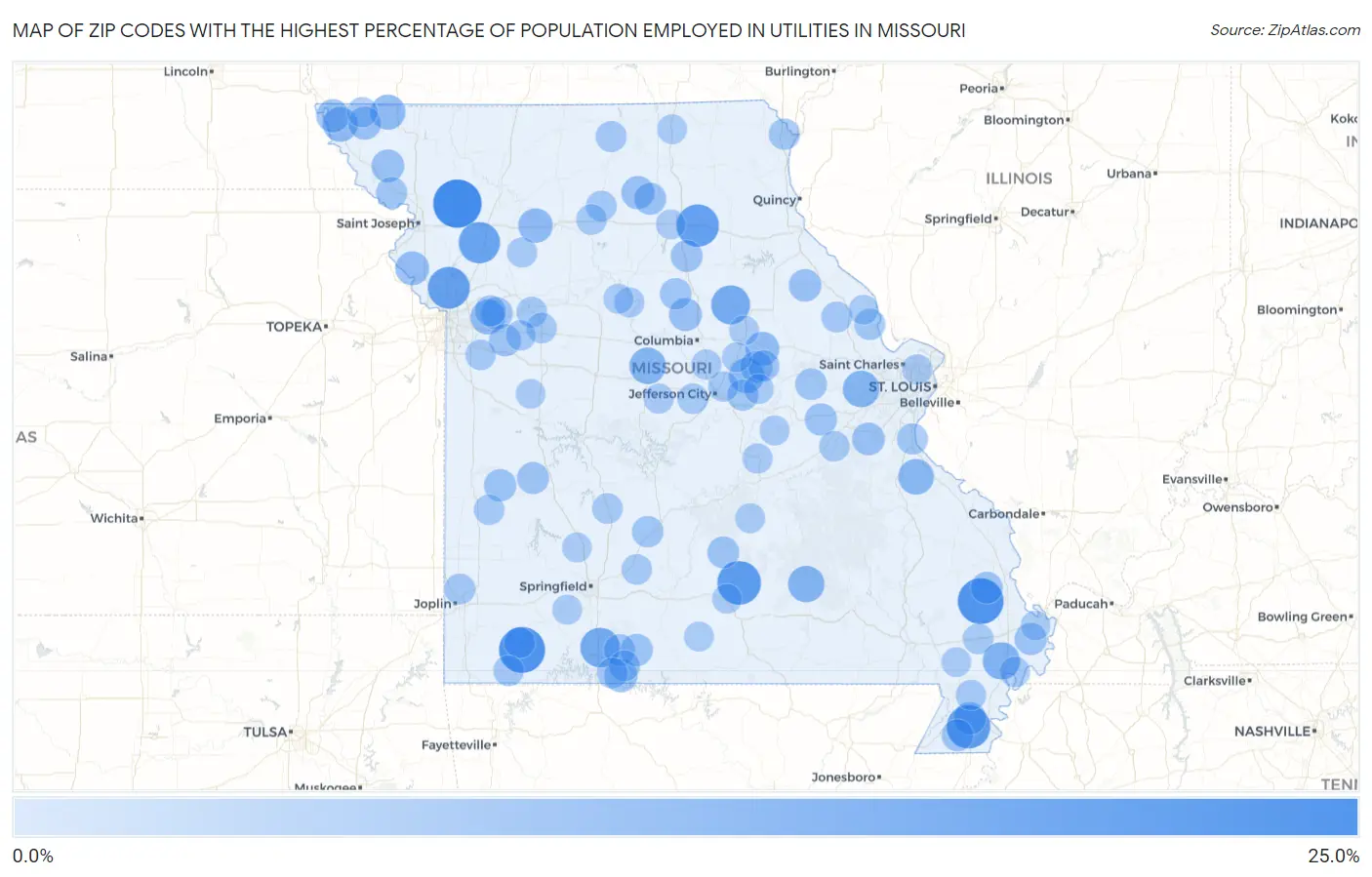 Zip Codes with the Highest Percentage of Population Employed in Utilities in Missouri Map