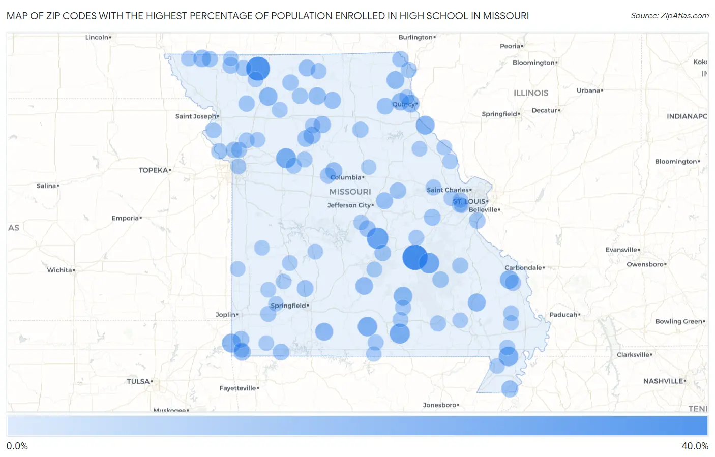 Zip Codes with the Highest Percentage of Population Enrolled in High School in Missouri Map