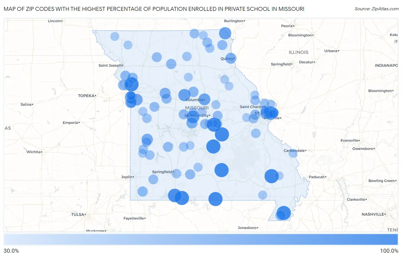 Zip Codes with the Highest Percentage of Population Enrolled in Private School in Missouri Map