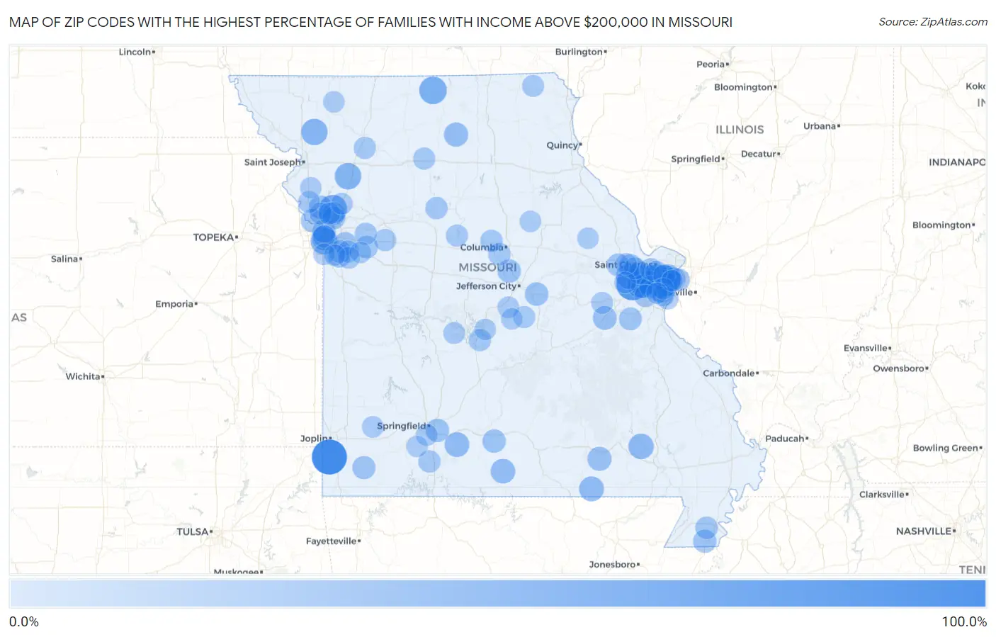 Zip Codes with the Highest Percentage of Families with Income Above $200,000 in Missouri Map