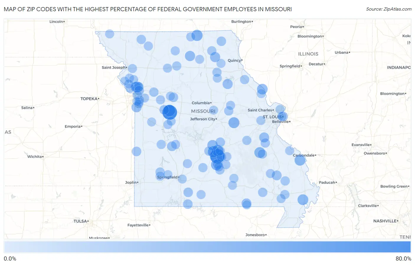 Zip Codes with the Highest Percentage of Federal Government Employees in Missouri Map