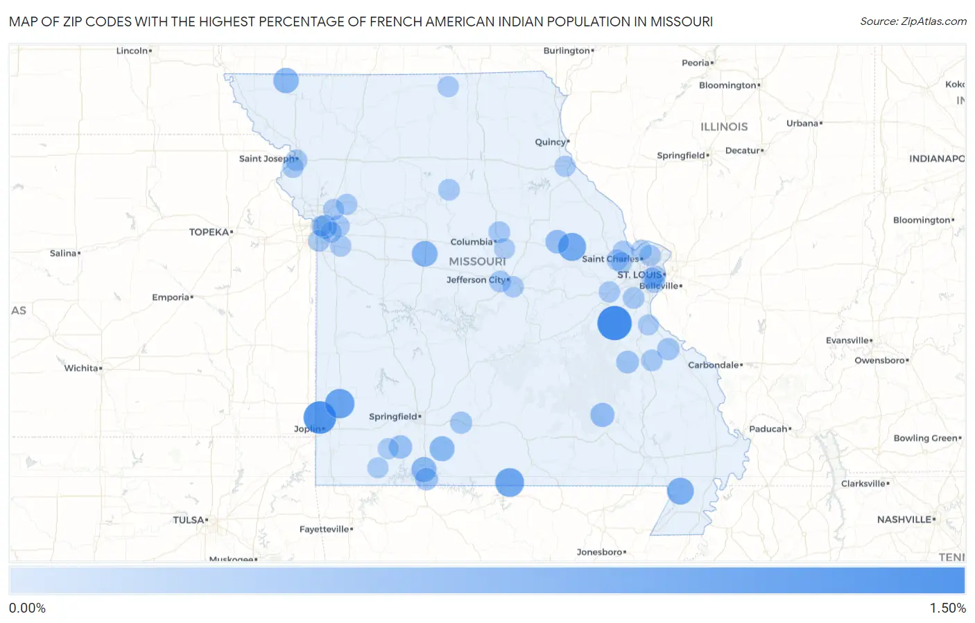 Zip Codes with the Highest Percentage of French American Indian Population in Missouri Map