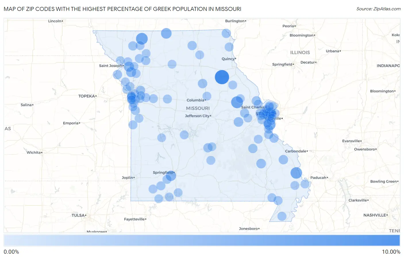 Zip Codes with the Highest Percentage of Greek Population in Missouri Map