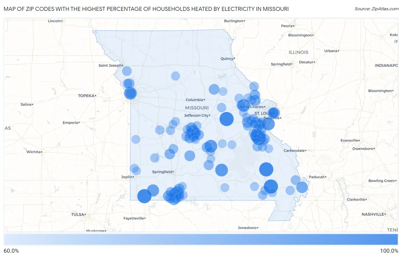 Zip Codes with the Highest Percentage of Households Heated by Electricity in Missouri Map
