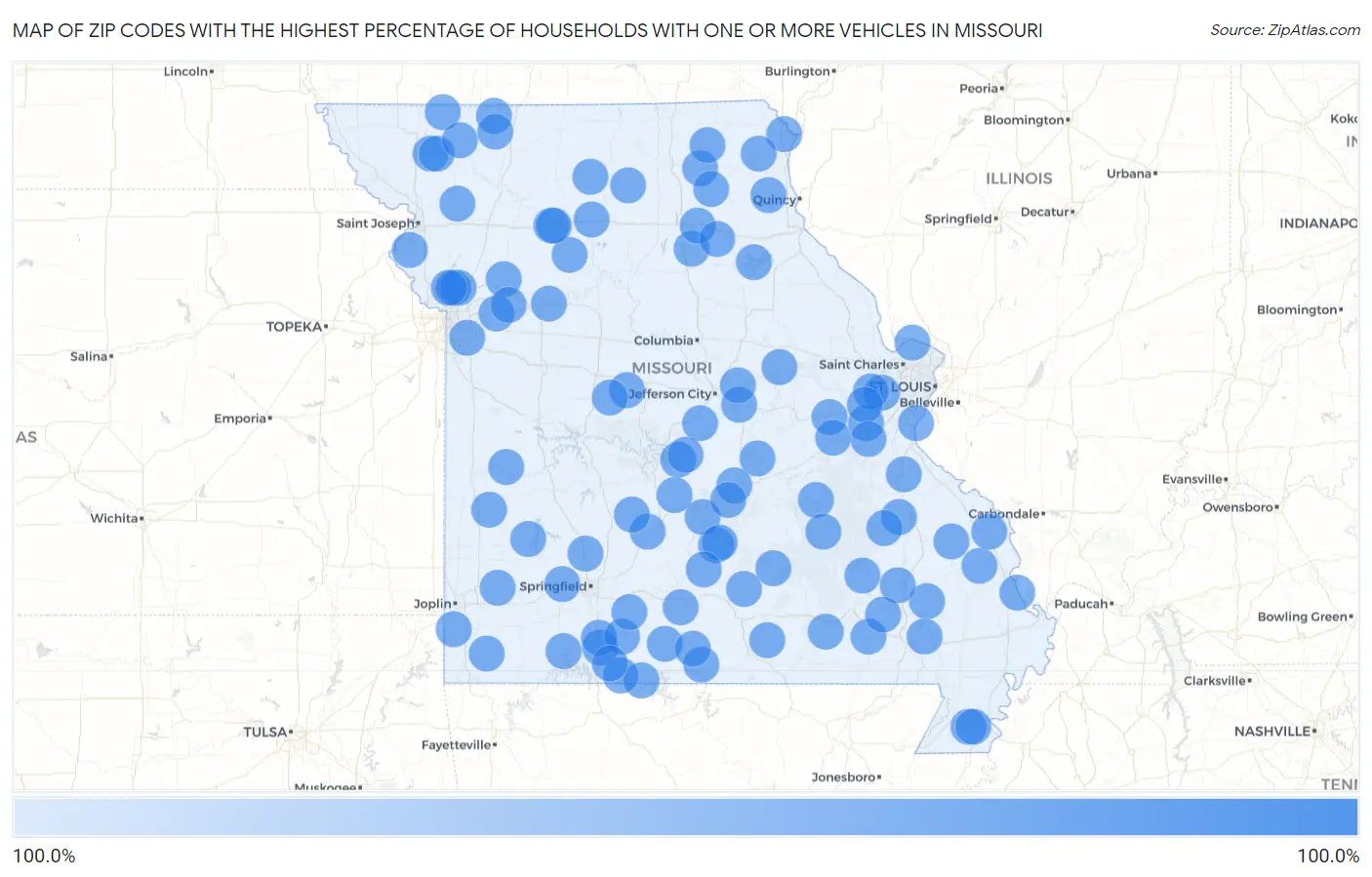 Zip Codes with the Highest Percentage of Households With One or more Vehicles in Missouri Map