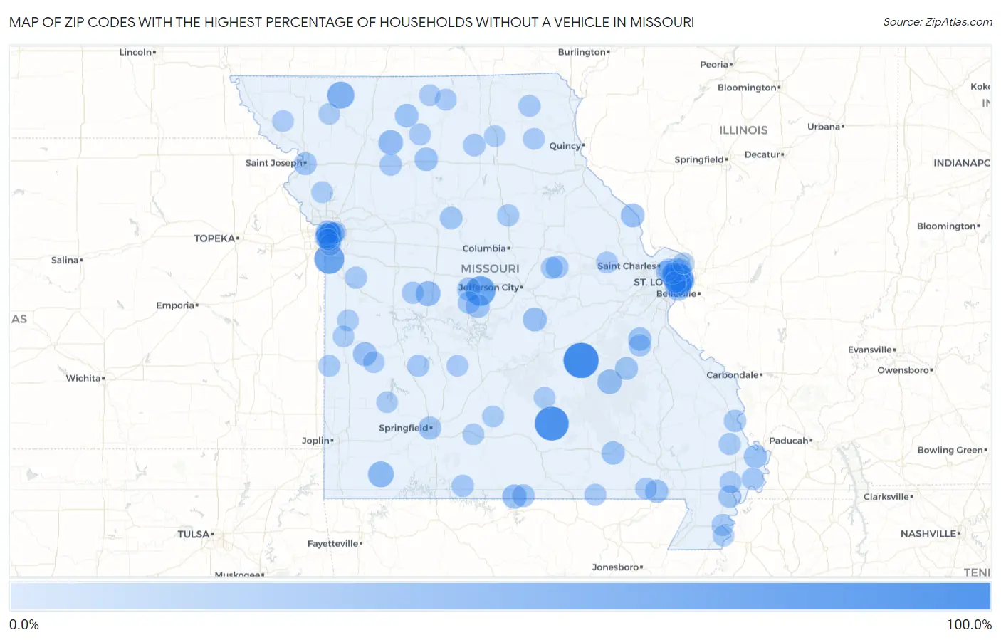 Zip Codes with the Highest Percentage of Households Without a Vehicle in Missouri Map