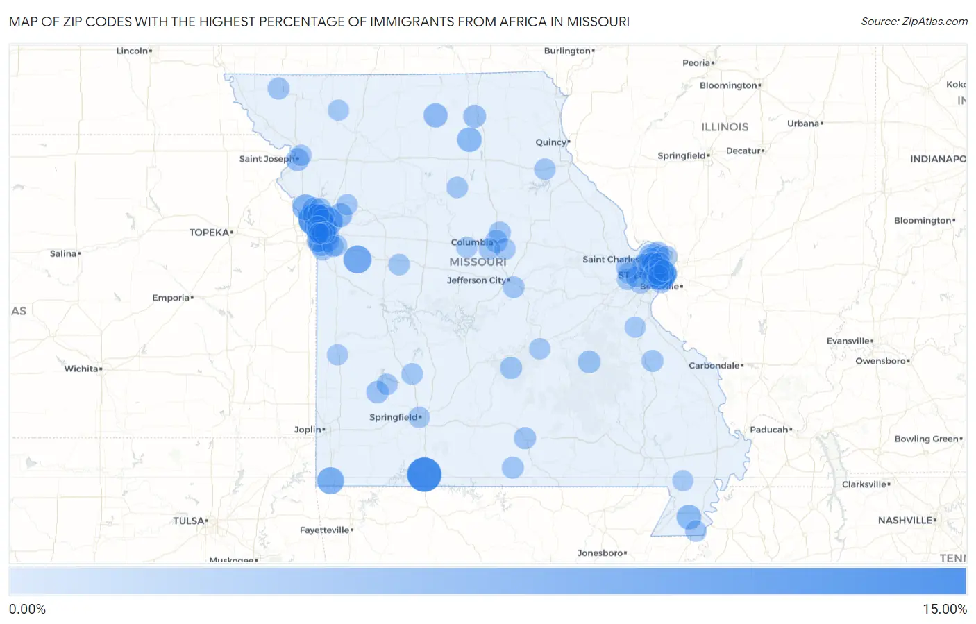 Zip Codes with the Highest Percentage of Immigrants from Africa in Missouri Map