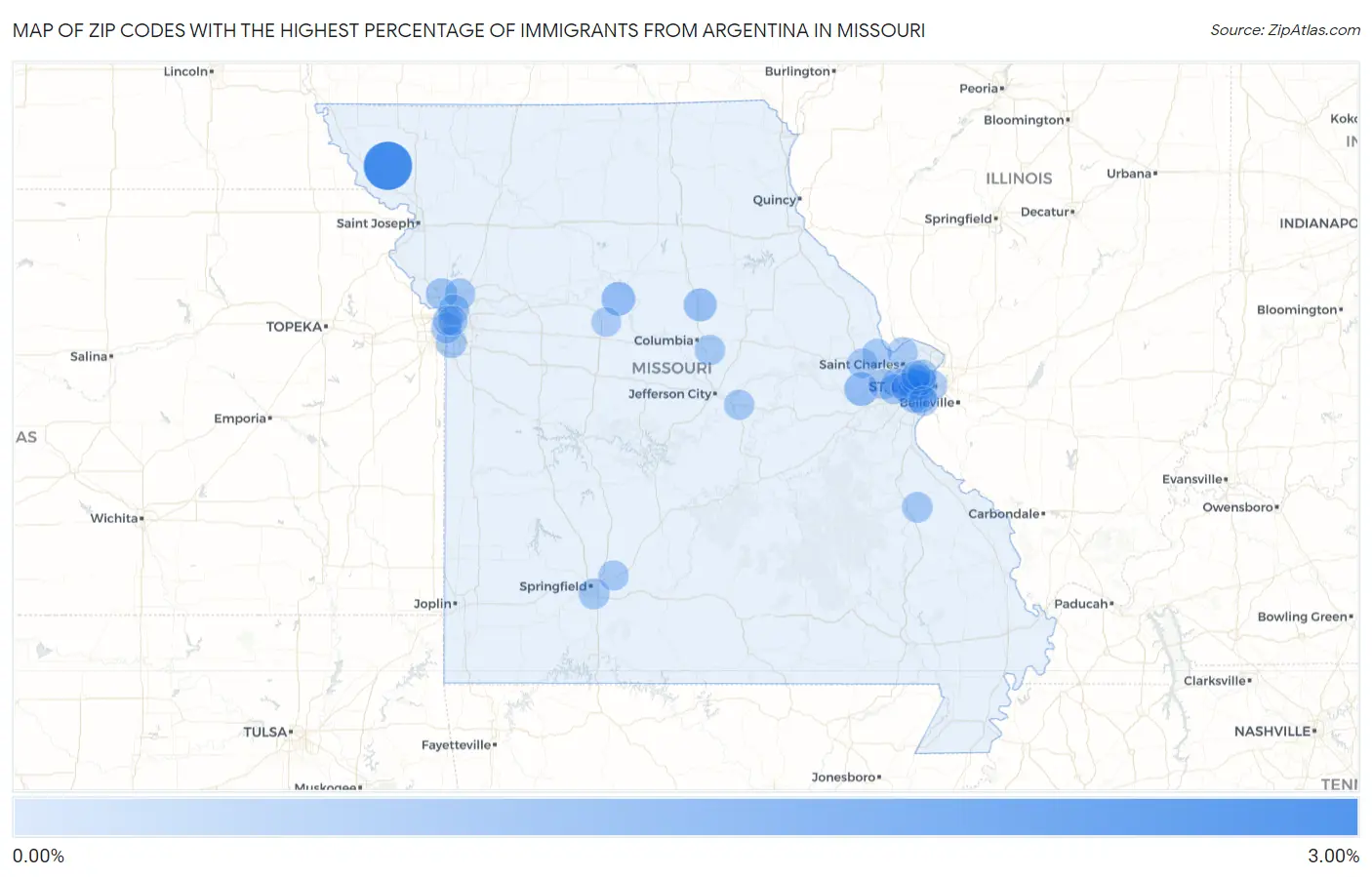 Zip Codes with the Highest Percentage of Immigrants from Argentina in Missouri Map