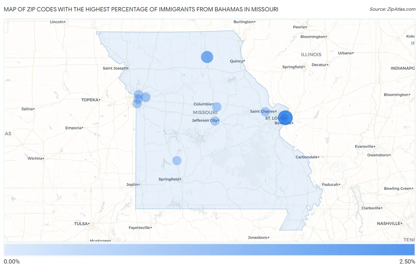 Zip Codes with the Highest Percentage of Immigrants from Bahamas in Missouri Map