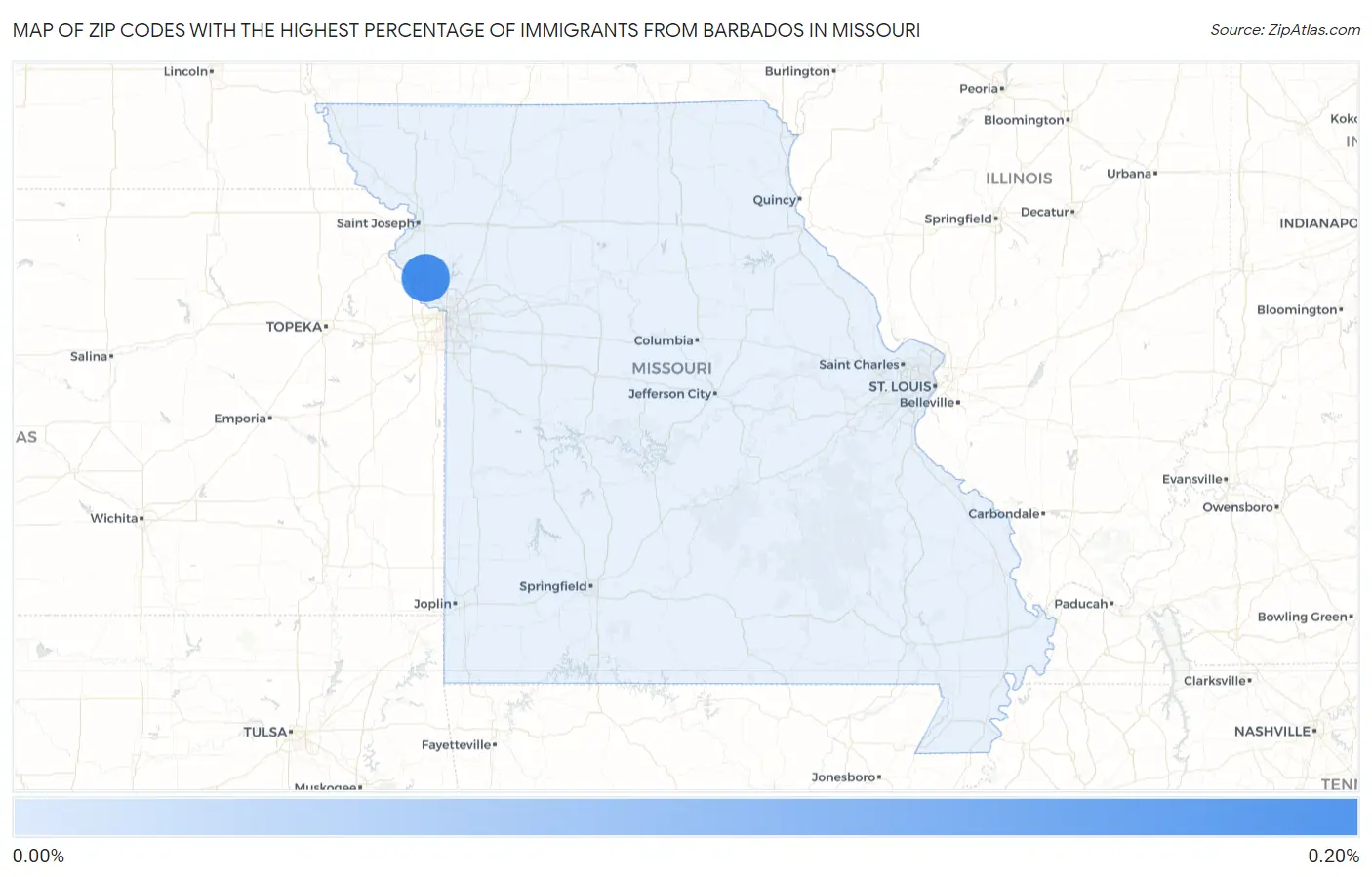 Zip Codes with the Highest Percentage of Immigrants from Barbados in Missouri Map