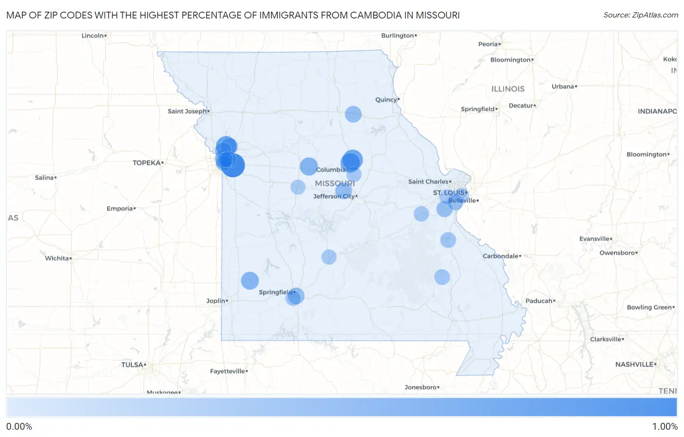 Zip Codes with the Highest Percentage of Immigrants from Cambodia in Missouri Map