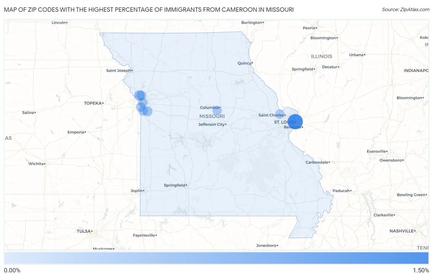 Zip Codes with the Highest Percentage of Immigrants from Cameroon in Missouri Map