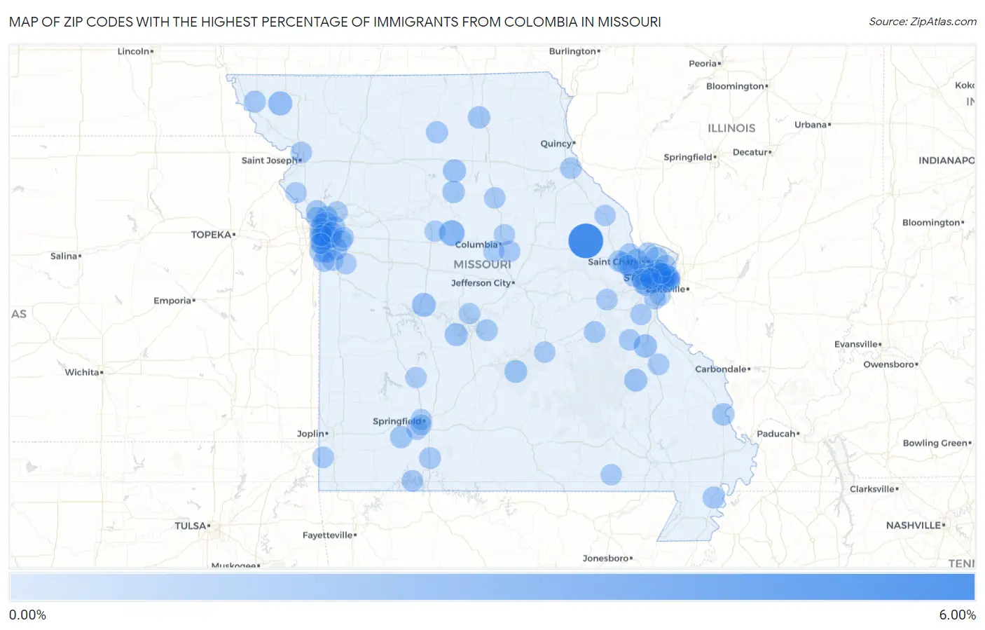 Zip Codes with the Highest Percentage of Immigrants from Colombia in Missouri Map