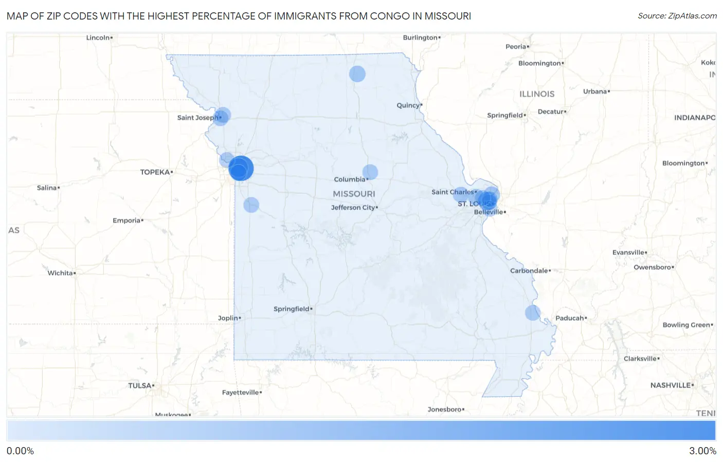 Zip Codes with the Highest Percentage of Immigrants from Congo in Missouri Map