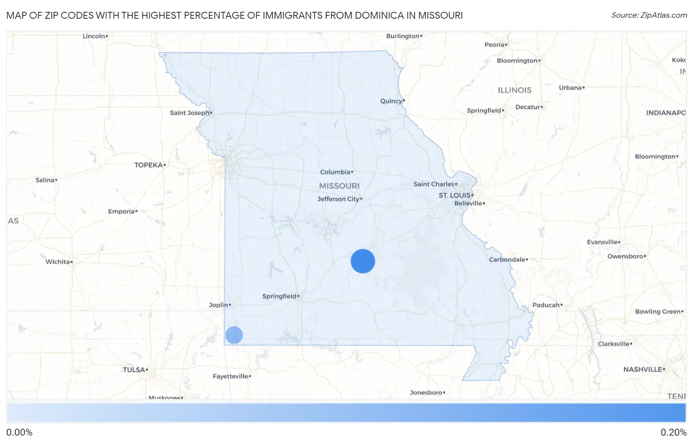 Zip Codes with the Highest Percentage of Immigrants from Dominica in Missouri Map