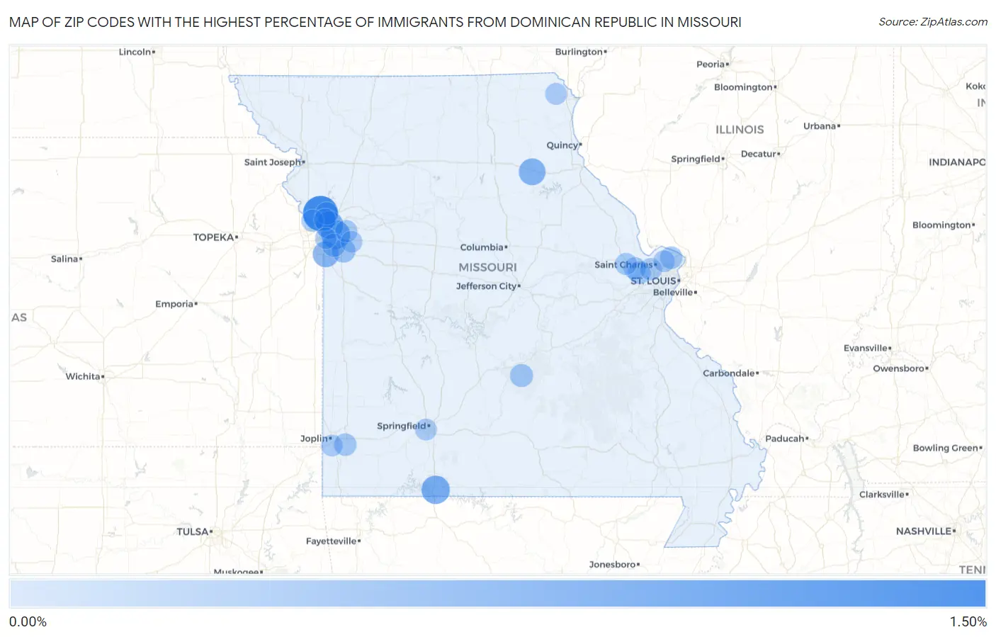 Zip Codes with the Highest Percentage of Immigrants from Dominican Republic in Missouri Map