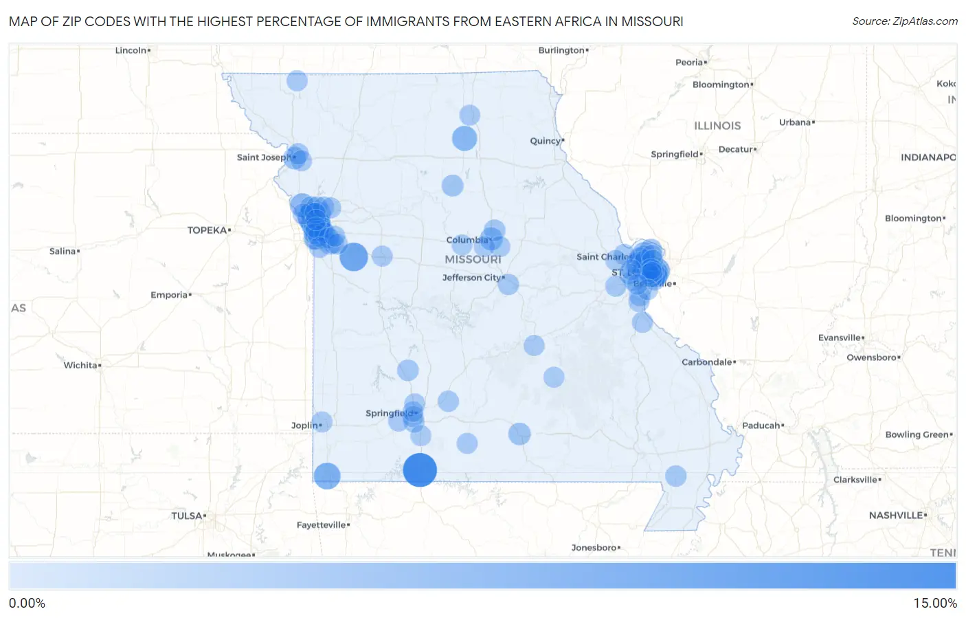 Zip Codes with the Highest Percentage of Immigrants from Eastern Africa in Missouri Map