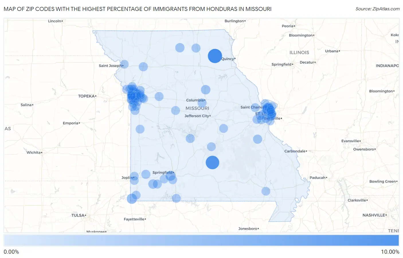 Zip Codes with the Highest Percentage of Immigrants from Honduras in Missouri Map