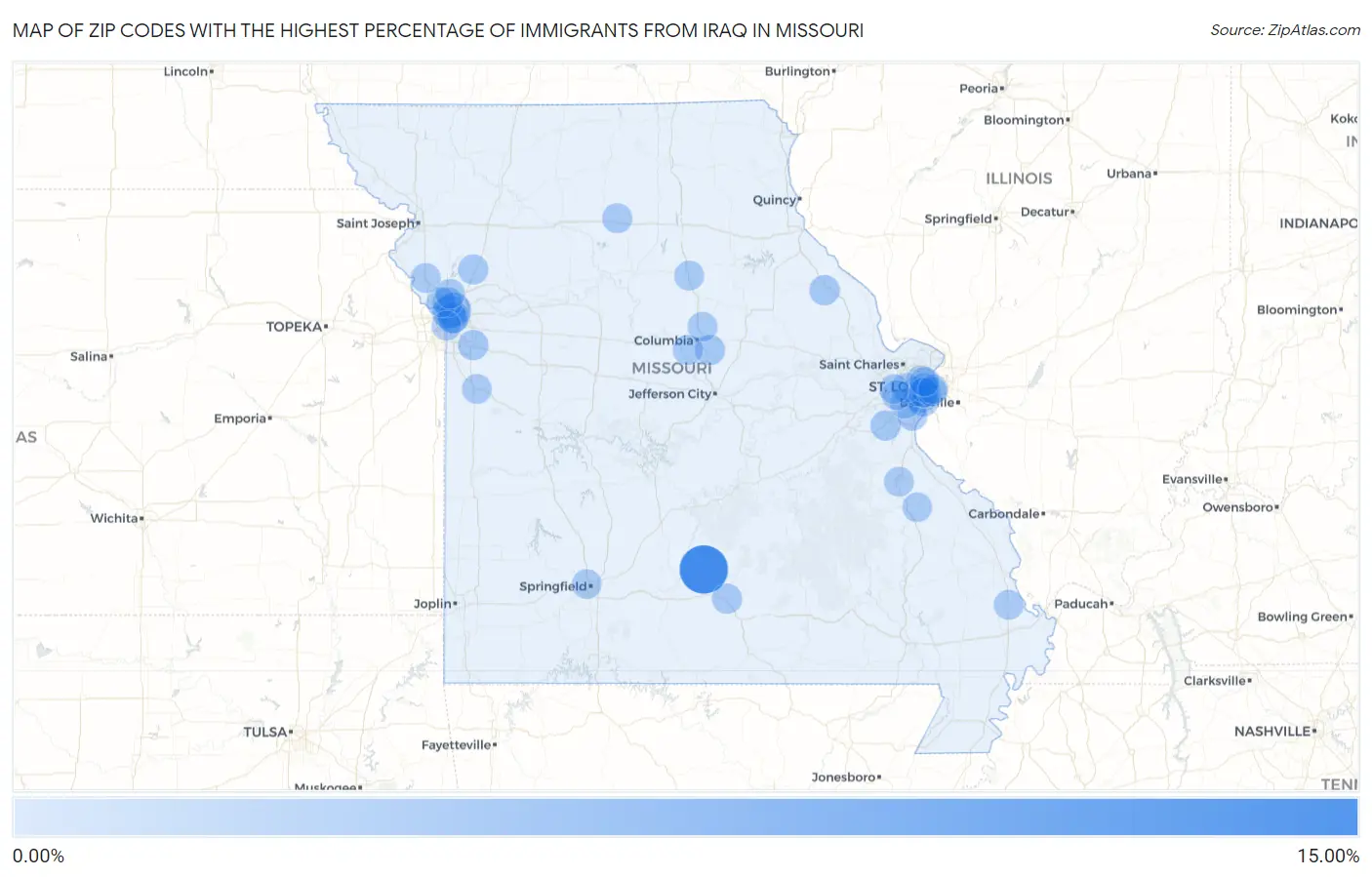 Zip Codes with the Highest Percentage of Immigrants from Iraq in Missouri Map
