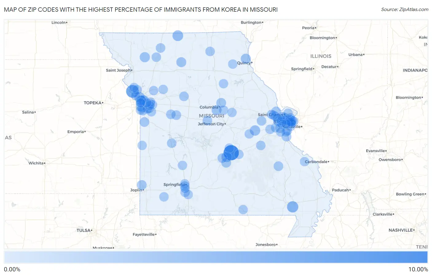 Zip Codes with the Highest Percentage of Immigrants from Korea in Missouri Map