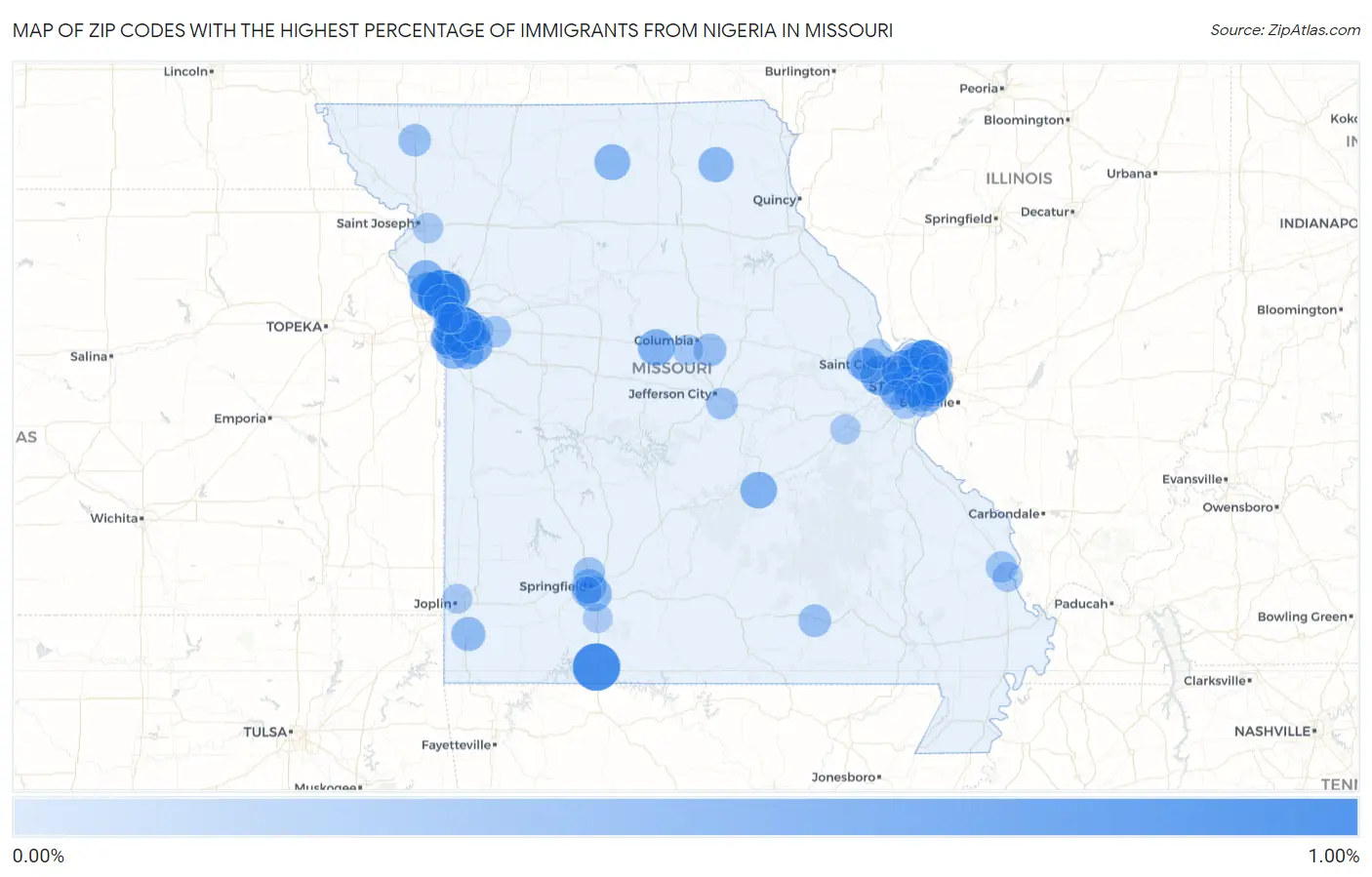 Zip Codes with the Highest Percentage of Immigrants from Nigeria in Missouri Map
