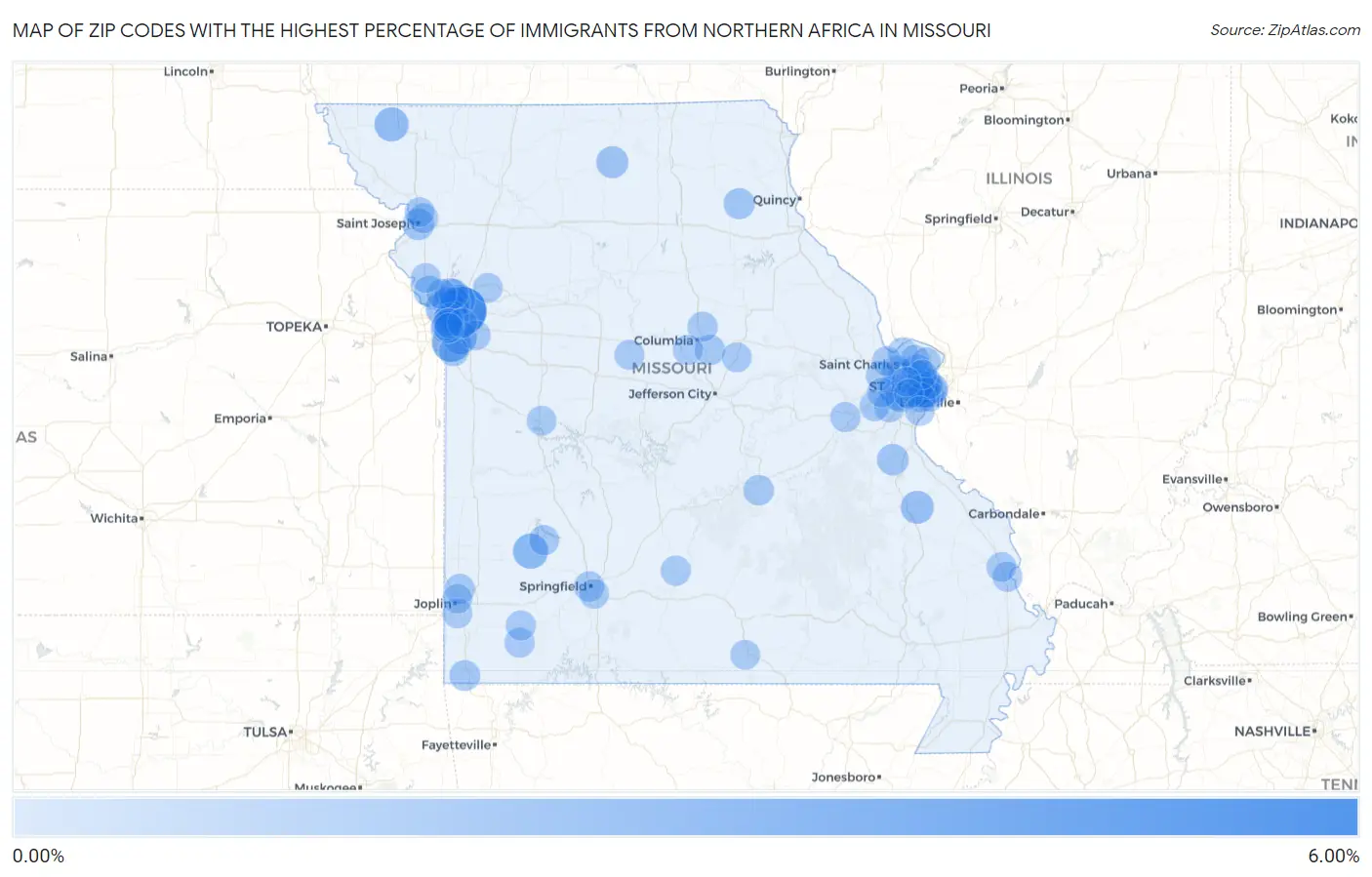 Zip Codes with the Highest Percentage of Immigrants from Northern Africa in Missouri Map