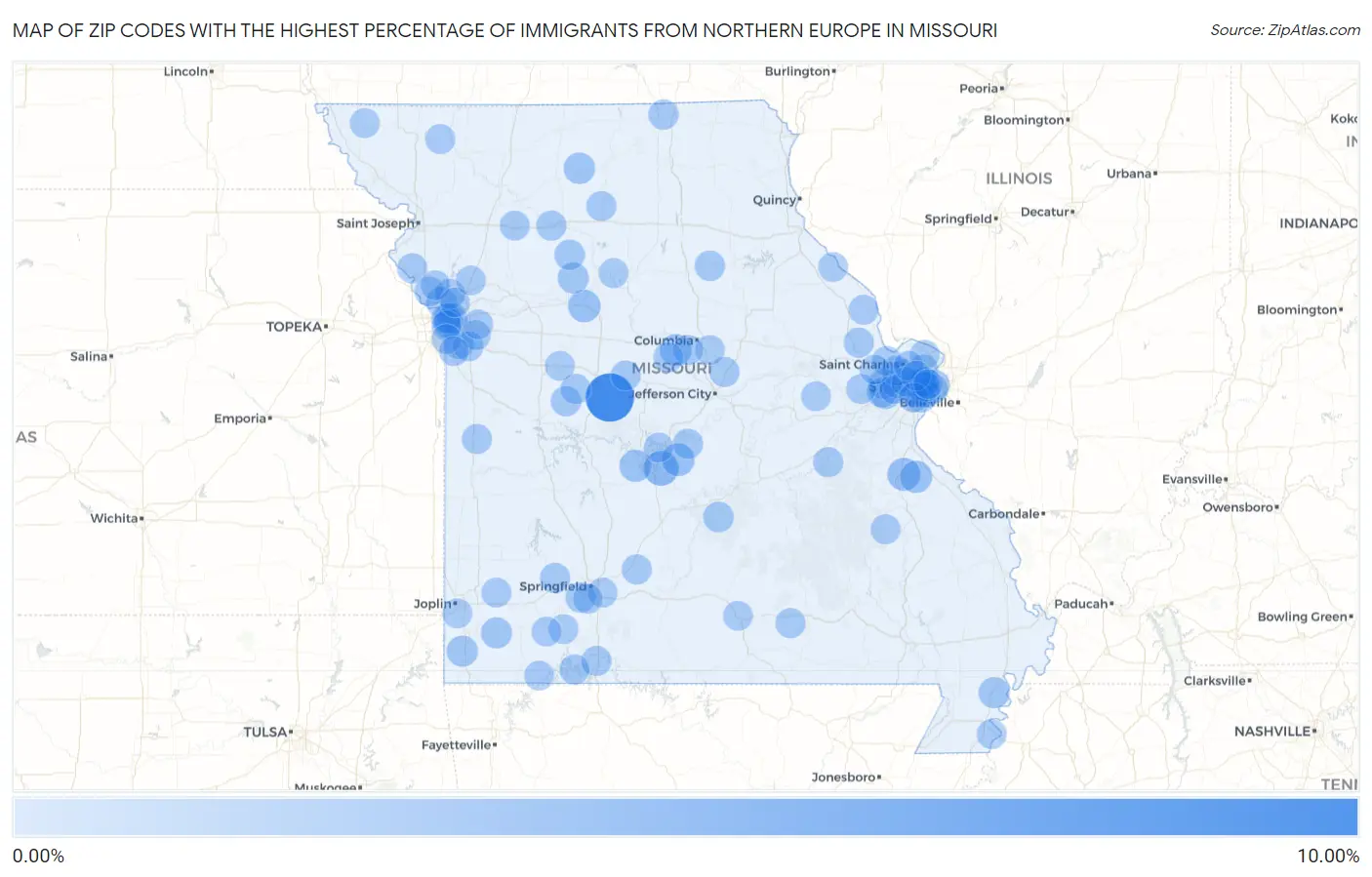 Zip Codes with the Highest Percentage of Immigrants from Northern Europe in Missouri Map