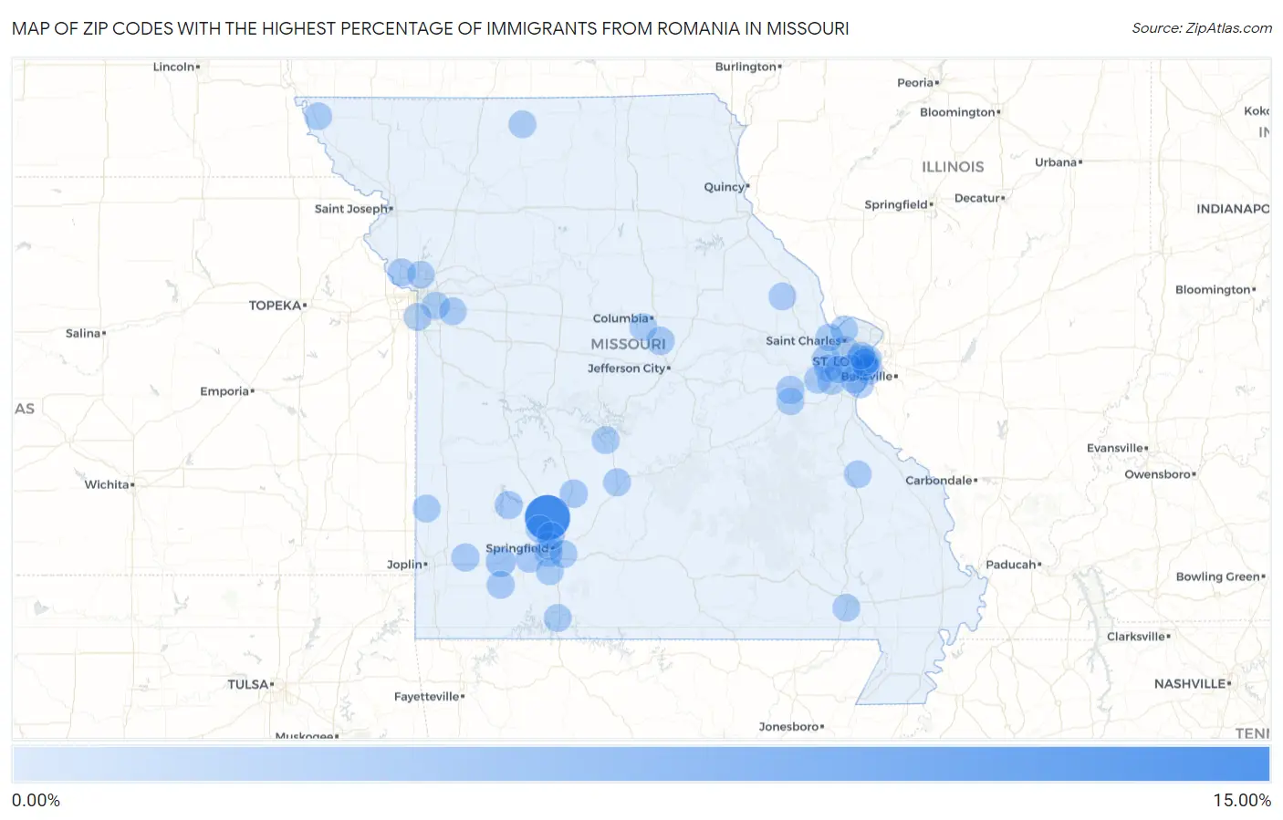 Zip Codes with the Highest Percentage of Immigrants from Romania in Missouri Map