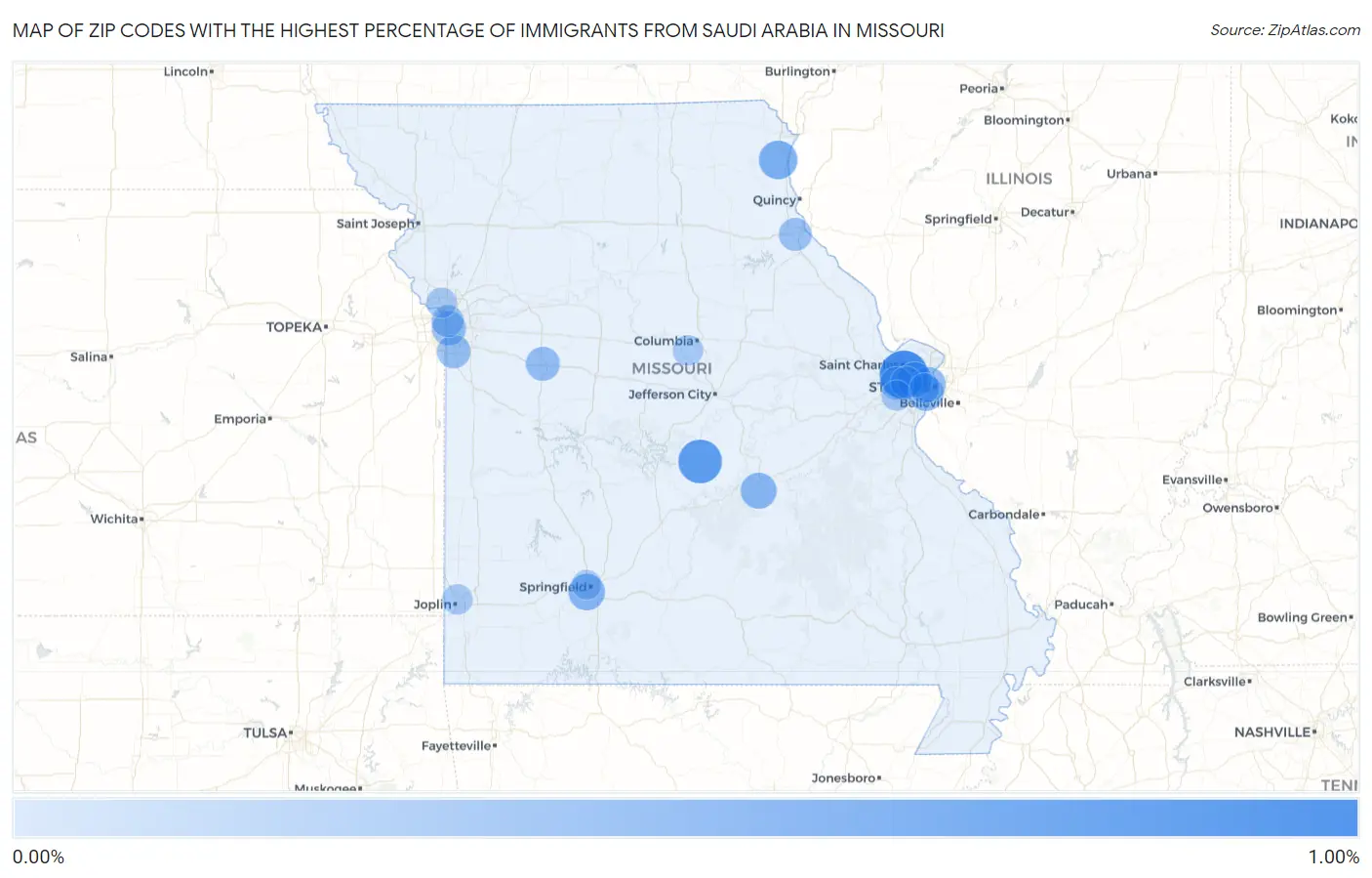 Zip Codes with the Highest Percentage of Immigrants from Saudi Arabia in Missouri Map