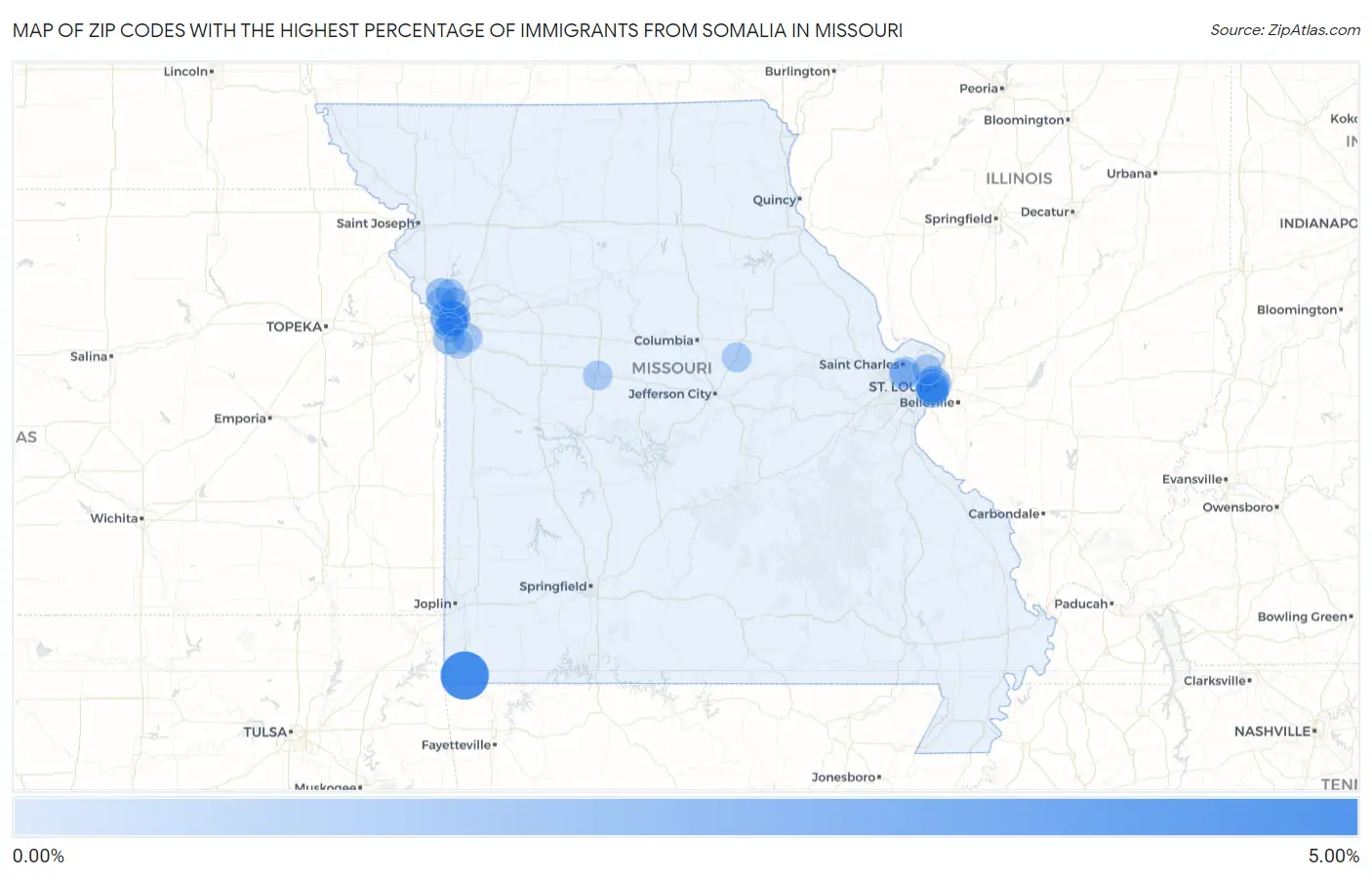 Zip Codes with the Highest Percentage of Immigrants from Somalia in Missouri Map