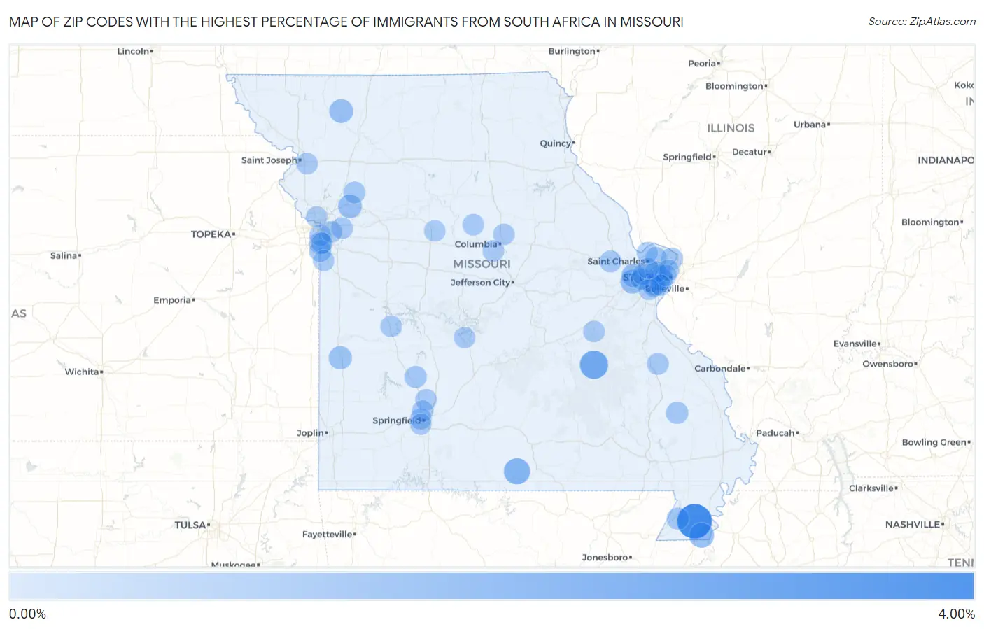 Zip Codes with the Highest Percentage of Immigrants from South Africa in Missouri Map