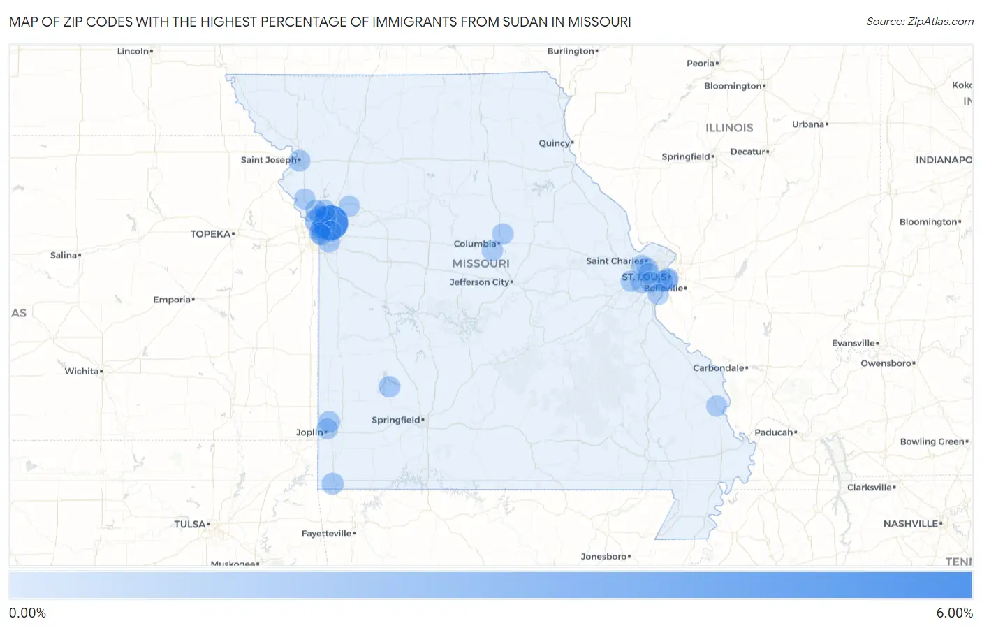 Zip Codes with the Highest Percentage of Immigrants from Sudan in Missouri Map