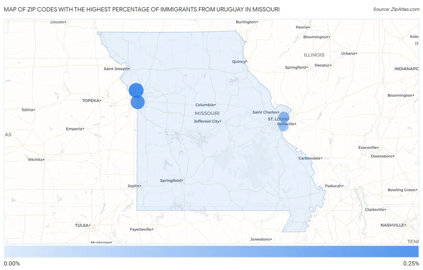 Zip Codes with the Highest Percentage of Immigrants from Uruguay in Missouri Map