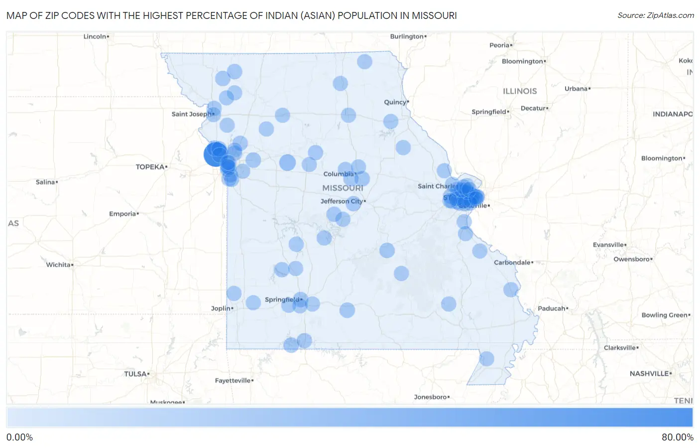 Zip Codes with the Highest Percentage of Indian (Asian) Population in Missouri Map