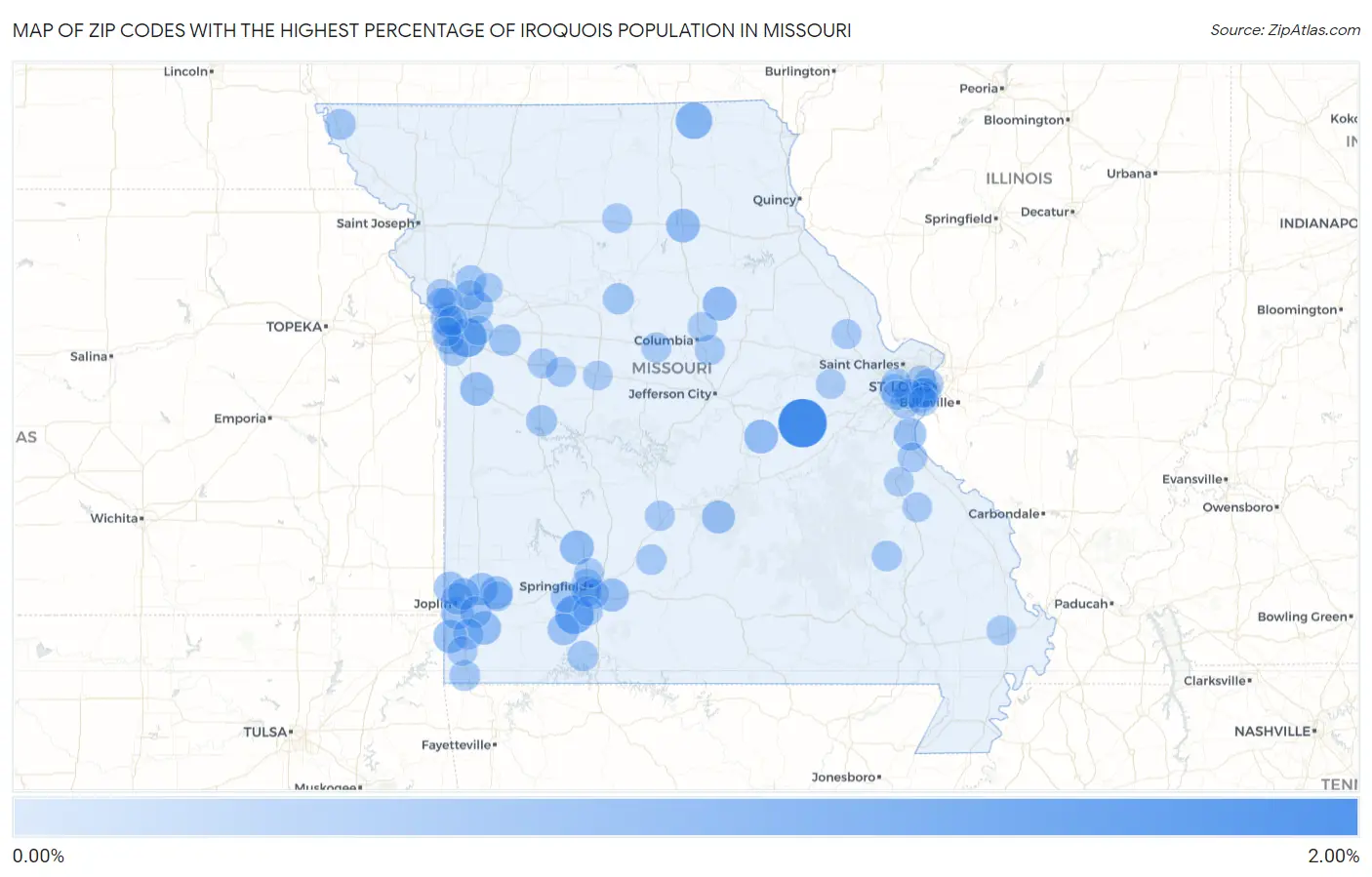 Zip Codes with the Highest Percentage of Iroquois Population in Missouri Map