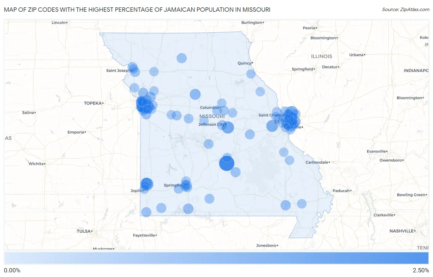 Zip Codes with the Highest Percentage of Jamaican Population in Missouri Map