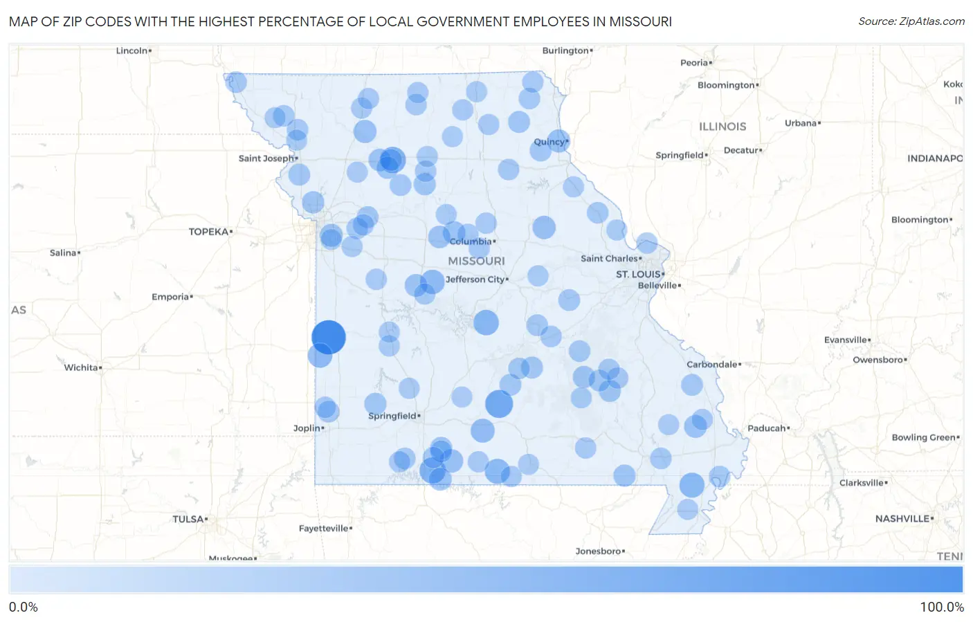 Zip Codes with the Highest Percentage of Local Government Employees in Missouri Map
