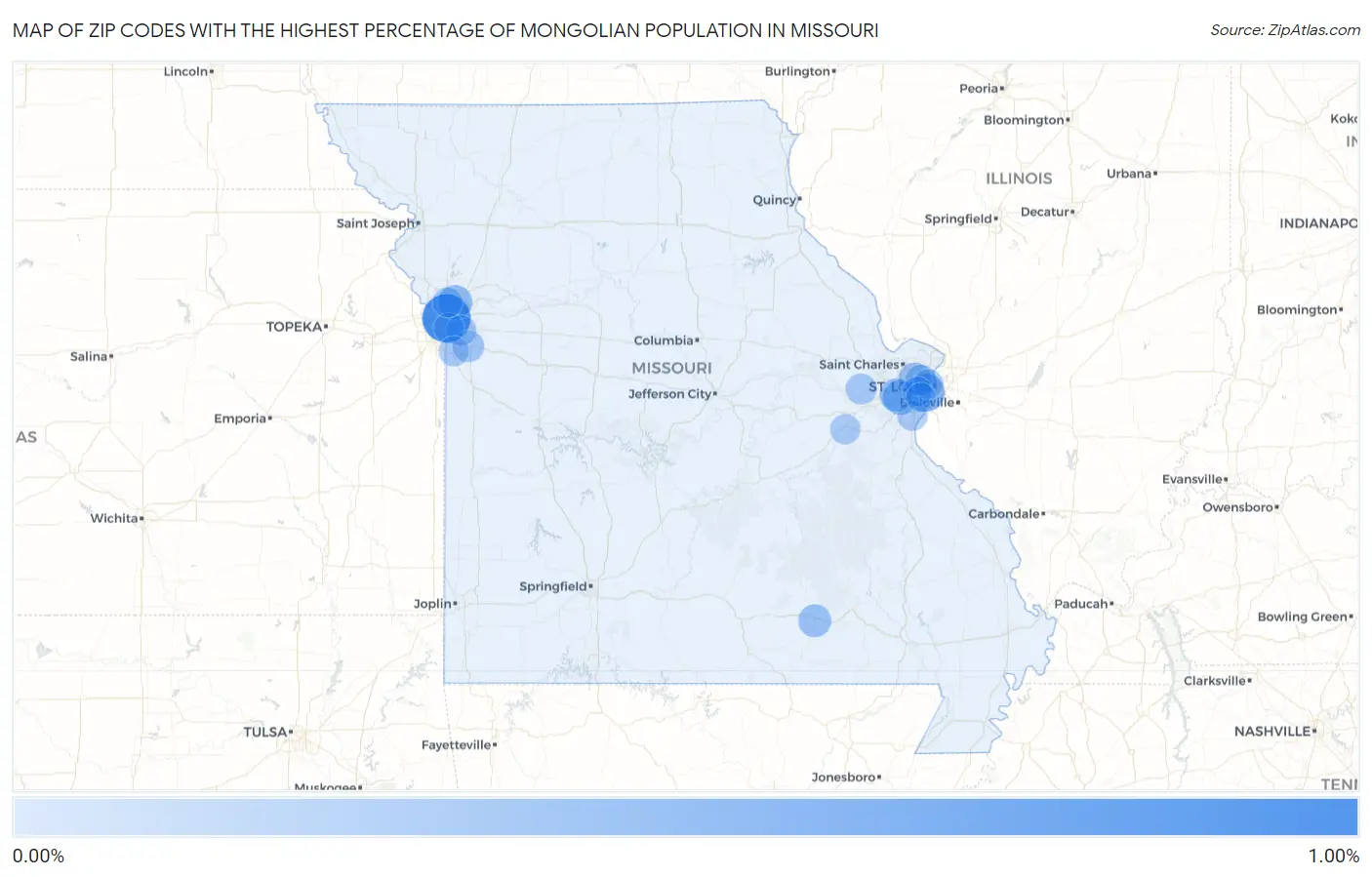 Zip Codes with the Highest Percentage of Mongolian Population in Missouri Map
