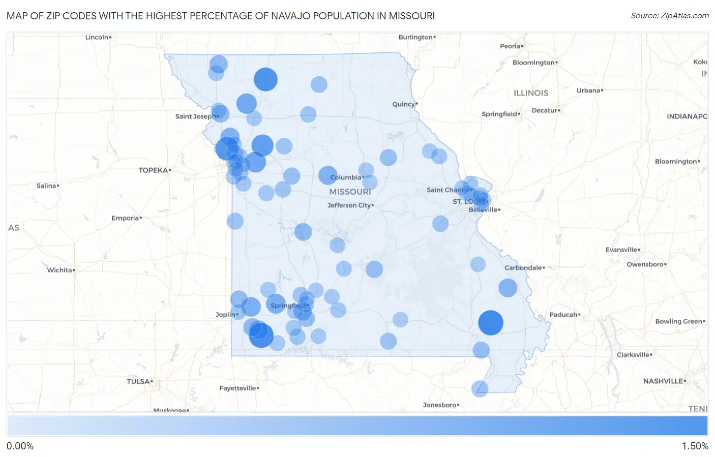 Zip Codes with the Highest Percentage of Navajo Population in Missouri Map