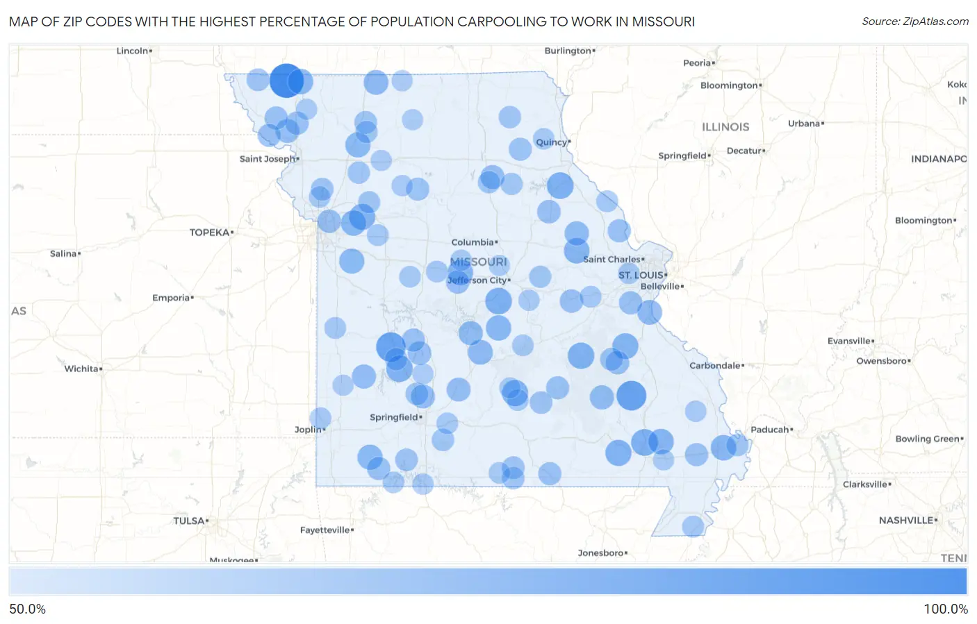 Zip Codes with the Highest Percentage of Population Carpooling to Work in Missouri Map