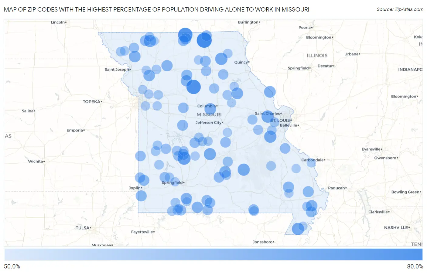 Zip Codes with the Highest Percentage of Population Driving Alone to Work in Missouri Map