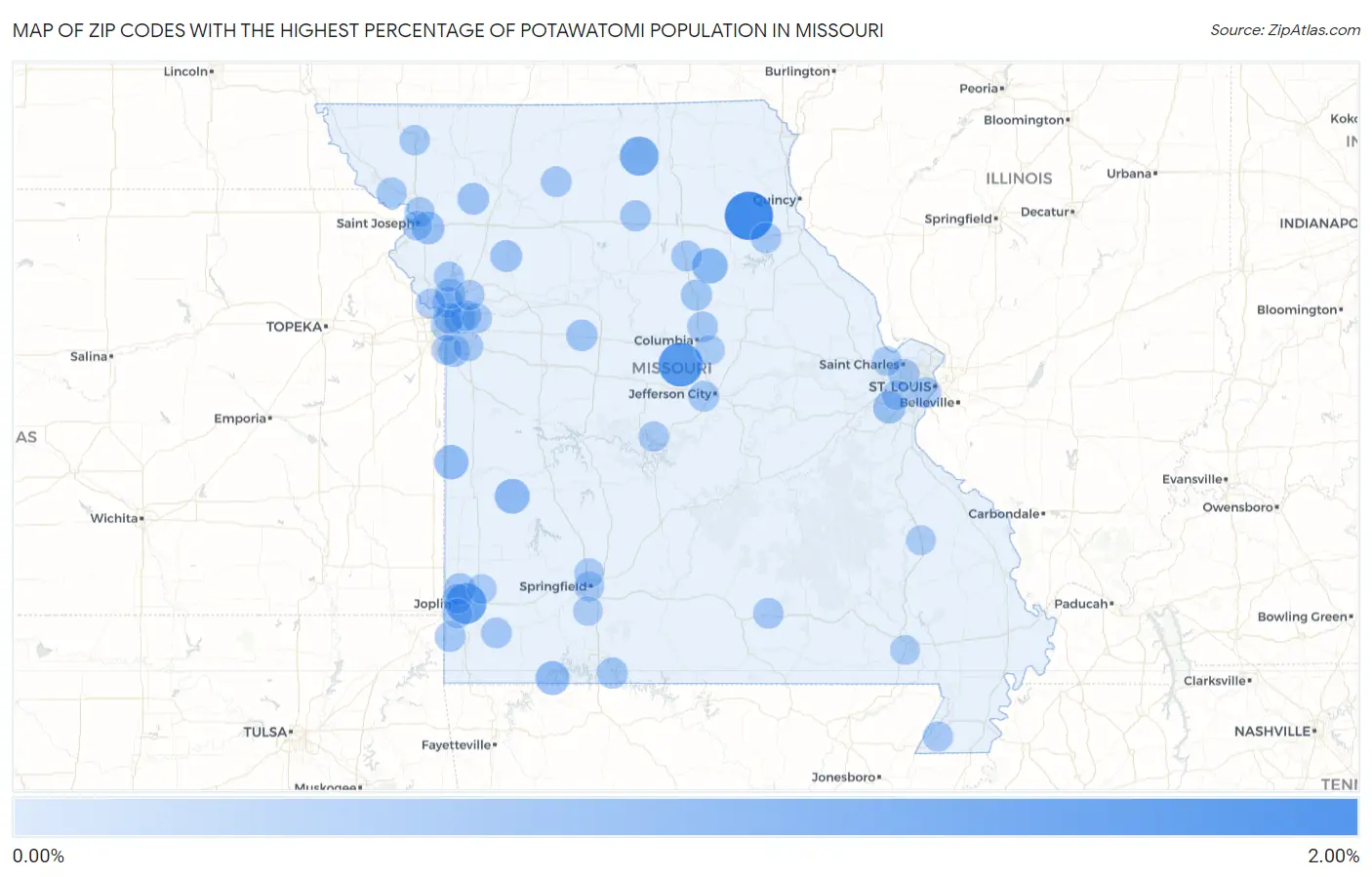 Zip Codes with the Highest Percentage of Potawatomi Population in Missouri Map